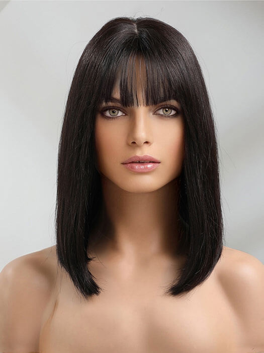 Medium length human hair wigs with bangs best sale